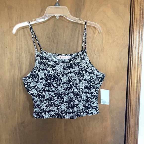 So floral print cropped cinch waist tank black white floral L or XL jrs - Picture 6 of 17